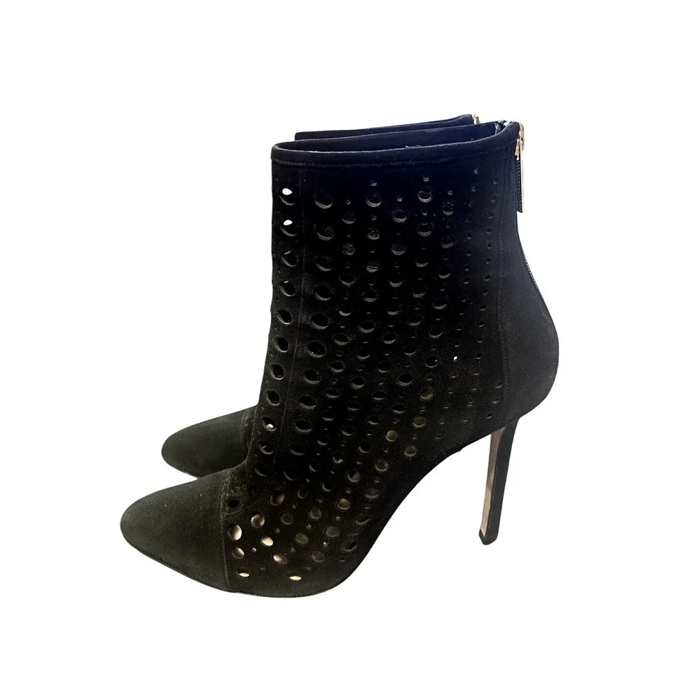 Tamara Mellon 7.5 Laser Cut Italian Suede Ankle Boots $895 Polka Dot Heels Black